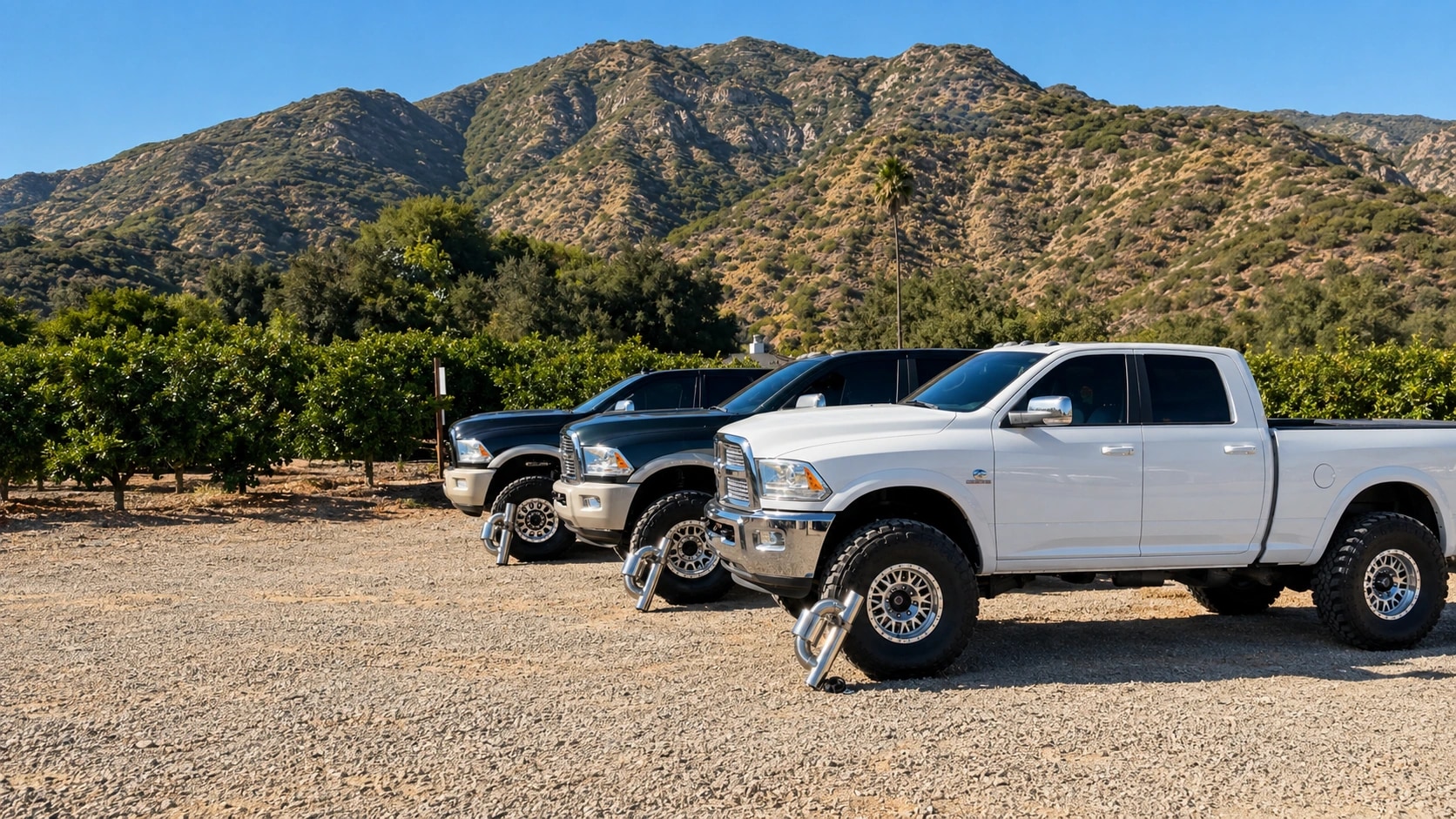 Three diesel pickups fitted with HMD exhaust systems in front of an orchard and mountains